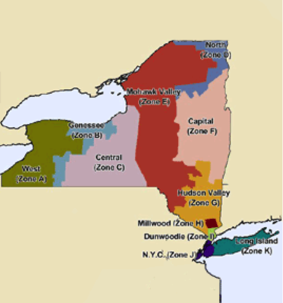 Map showing New York's congressional districts with key cities and zones marked.