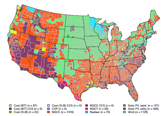 USA energy resource distribution map by county.