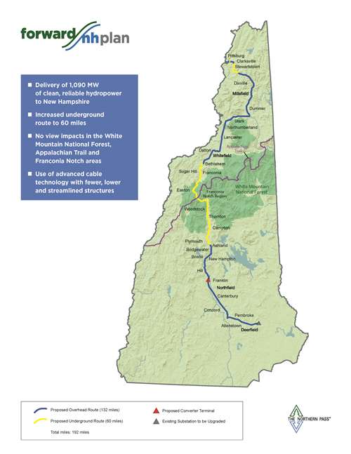 Map of proposed hydropower route in New Hampshire.