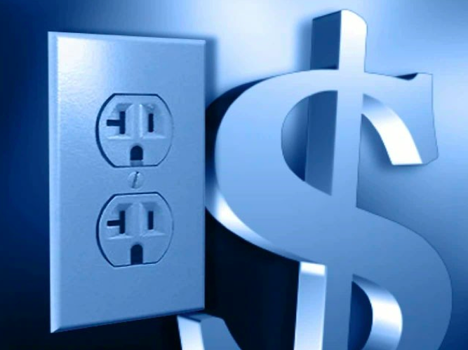 Electrical outlet beside dollar sign illustration.