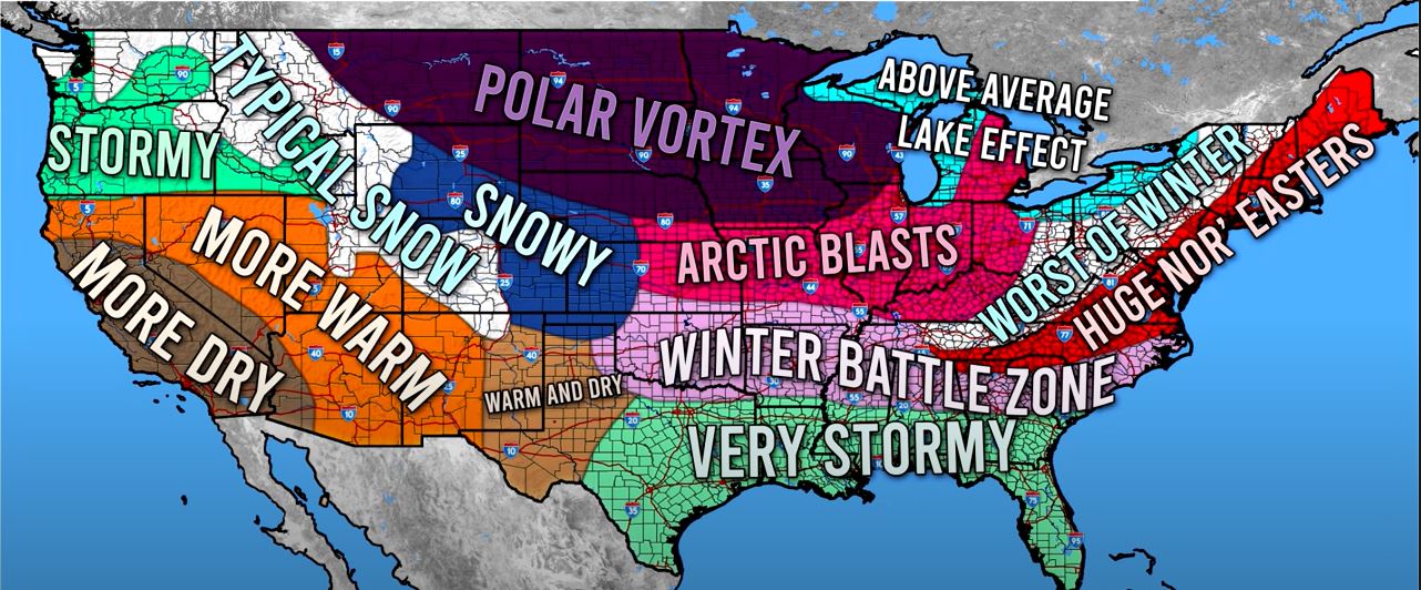 A colorful weather map showing winter storm warnings across the US.