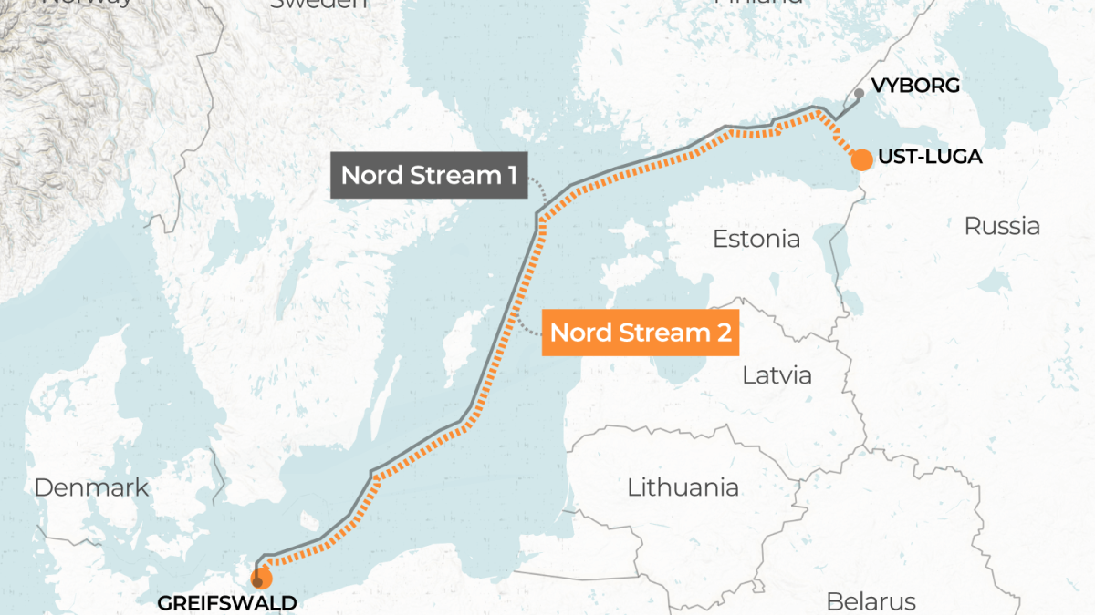 Map showing Nord Stream 1 and Nord Stream 2 gas pipelines from Russia to Germany.