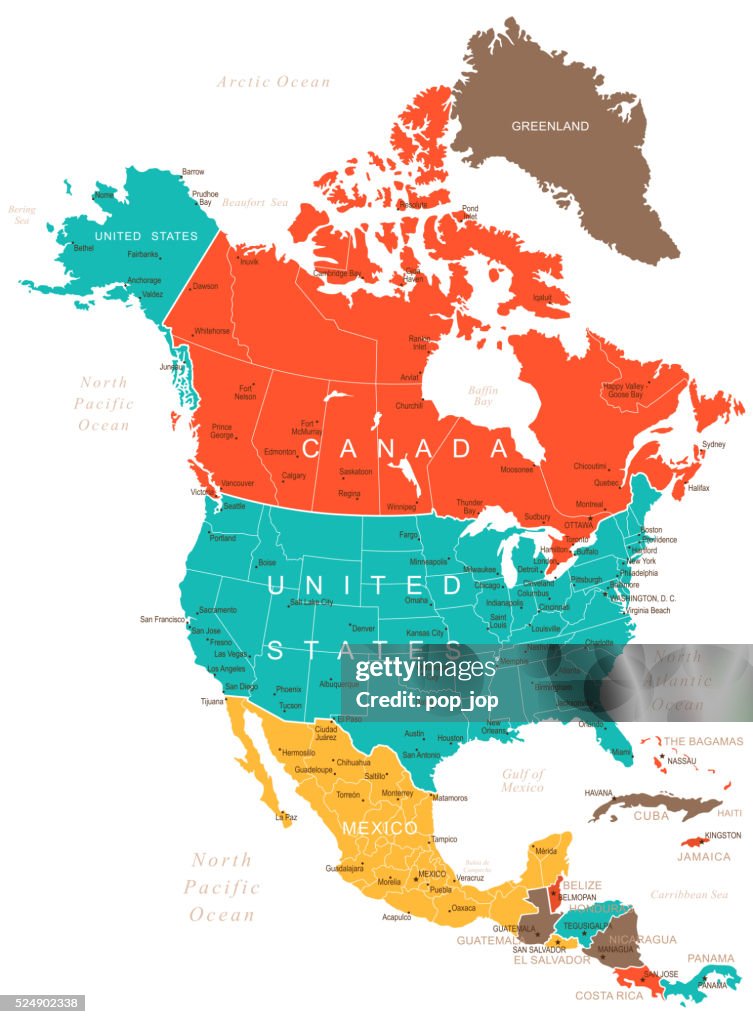 Map showing Canada and the United States in contrasting colors.