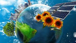 Sunflowers and solar panels orbiting Earth, symbolizing green energy.